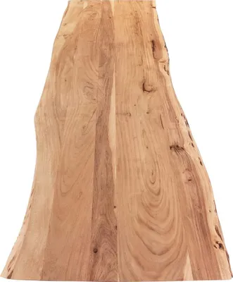 A close-up view of a wooden tabletop with a live edge.