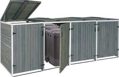 Produktbild von XL 4/8-miejscowy pojemnik na odpady HWC-H74, pojemnik na odpady, z możliwością rozbudowy 126x316x98cm drewno MVG ~ szaro-biały