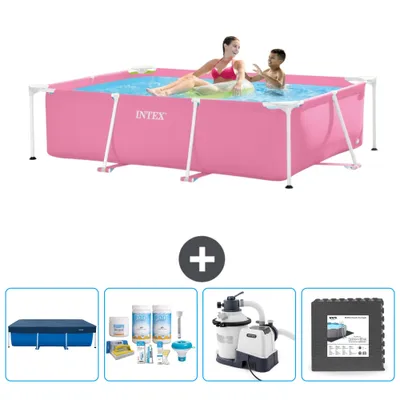 Produktbild von Intex-Schwimmbecken mit rechteckigem Rahmen – 220 x 150 x 60 cm – Rosa – im Lieferumfang enthalten Abdeckung - Wartungspaket - Filterpumpe für Schwimmbad - Bodenfliesen