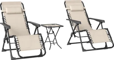 Produktbild von Sonnenliege Set 3-teilig mit Beistelltisch, 2 Liegestühle Netzstoff klappbar, Metallrahmen, Beige | 90 x 65 x 110 cm | 5-fach verstellbar