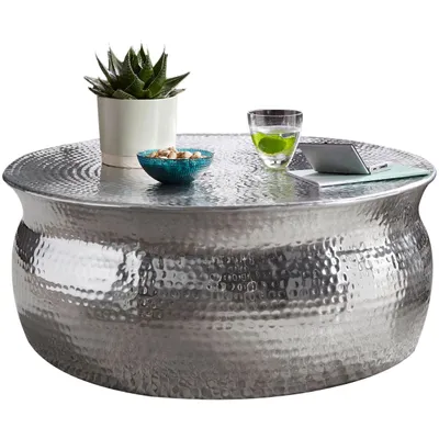 Produktbild von Couchtisch 75x31x75cm Aluminium Silber Beistelltisch orientalisch rund, Flacher Hammerschlag Sofatisch Metall, Design Wohnzimmertisch modern, Loungetisch indisch Stubentisch klein