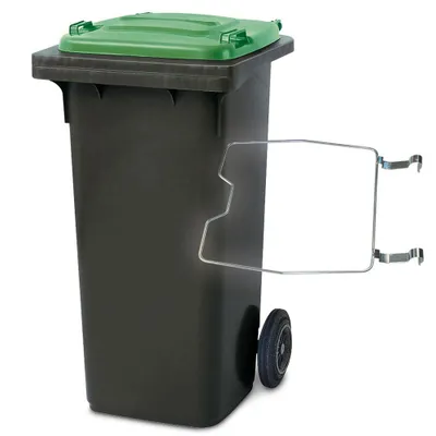 Produktbild von 120 Liter Mülltonne grau/Deckel grün, mit Halter für Müllsäcke