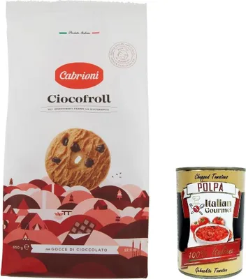 Produktbild von 3x Cabrioni Ciccofroll con Cacao e Gocce di Cioccolato, Schokoladenkekse, kekse mit Kakao- und Schokoladenchips, cookie biscuits 650 gr + Italian gourmet polpa 400g