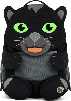 A black panther-shaped backpack for kindergarten children.