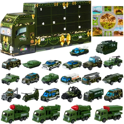 Produktbild von Adventskalender mit 24 Militärfahrzeugen zum Aufziehen Armeeautos LKWs Hubschraubern Modellautos aus Metallguss Weihnachtskalender Geschenkidee für Jungen