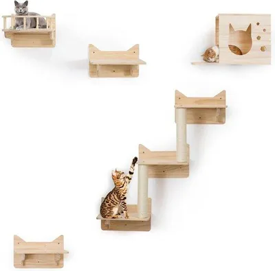 Produktbild von Famanu Katzenklimrek Set mit 5 Wandmöbeln - Sisalpfahlleiter und Katzenreiseplattform