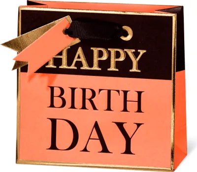 Produktbild von Geschenktüte Tasche klein CD-Format Black & Orange Happy Birthday Kraftpapier mit Goldprägung