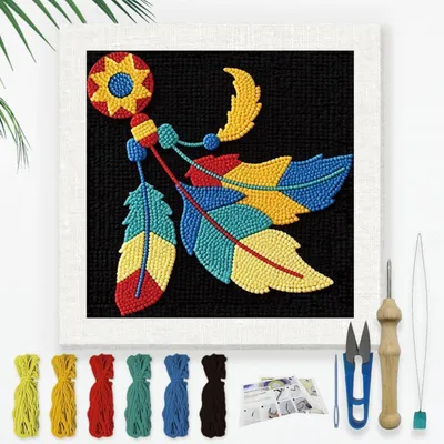 Produktbild von Punch Needle Bastelset Stammes-Feder für Anfänger 24x24 cm Bunter Boho DIY Stickerei Set