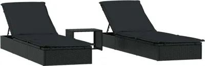 Produktbild von vidaXL Sonnenliegen 2 Stk. mit Tisch Schwarz Poly Rattan