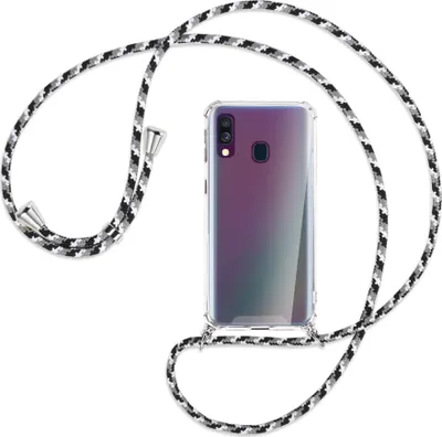 Produktbild von Handykette Backcover-Schutzhülle mit Band (Metall silberfarben) für Samsung Galaxy A40 - schwarz/grau/weiß