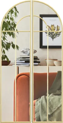 Image de Miroir mural décoratif - Jeu de 2 miroirs intégraux - Forme arquée - 30 x 120 cm - Cadre doré