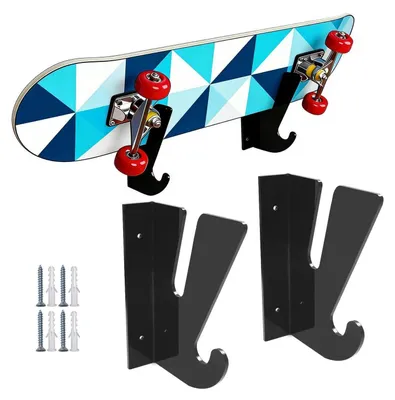 Produktbild von Skateboard Wandhalterung Acryl Schwarz 2 Stück mit Haken für Longboard Surfskate Snowboard 17cm