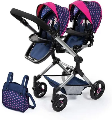 Imagen del producto de Cochecito para gemelos, cochecito para muñecas, con altura ajustable, plegable, con cesta de compra integrada, compatible con EasyGo, color azul con motivos de unicornios y corazones, 46 cm