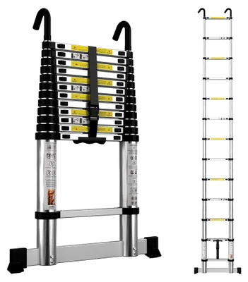 Produktbild von Aluminium Teleskopleiter 3,8 m, Ausziehbare Leiter mit Stabilisator und Abnehmbaren Haken, Klappleiter, Mehrzweckleiter, Stehleiter, Haushaltsleiter, Außenleiter, 150 kg Tragfähigkeit