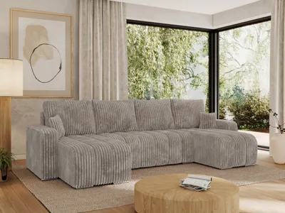Produktbild von MKS MEBLE Sofa mit Schlaffunktion - Ecksofa mit Schlaffunktion und Bettkasten - Sofa 5 Sitzer - Schlafsofa - Couch - Schlafsofa mit Bettkasten - Kirasso U -Hellbraun Cord