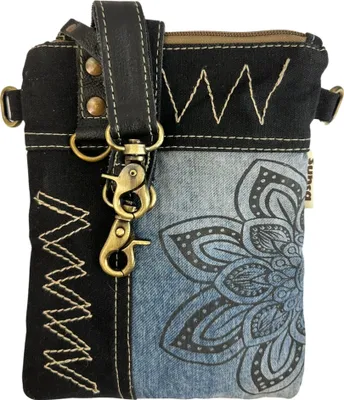 Produktbild von Sunsa Damen Umhängetasche. Nachhaltige Tasche aus Canvas recycelte Jeans & Leder. Crossbody bag in Vintage Stil/Mandala. kleine Schultertasche für Sie