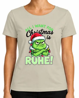 Imagen del producto de "Todo lo que quiero para Navidad es RUHE", gorro de Grinch navideño, camiseta divertida para mujer, color natural, talla S
