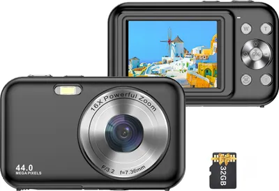 Obrázek produktu pro Přenosný digitální fotoaparát, 1080P videokamera, 44 MP, 16x digitální zoom, automatické ostření, samospoušť, ochrana proti otřesům, integrovaná dobíjecí baterie s paměťovou kartou 32 GB, dárek pro děti, chlapce, dívky, teenagery, studenty