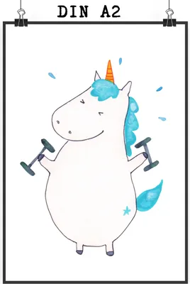Produktbild von Mr. & Mrs. Panda Bild Einhorn Fitness DIN A2 - Weiß - Geschenk, Wandbild, drucke, Fitnessstudio, Unicorn, wanddeko, Abnehmen, Wanddekoration, Sixpack, Plakat, Gym, Sport