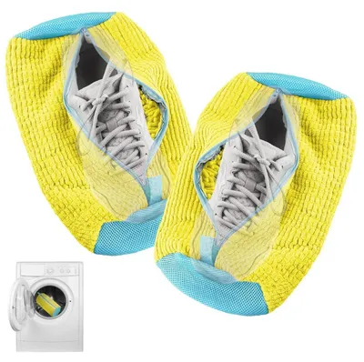 Productafbeelding van 2 stuks waszakken voor schoenen, geschikt voor de wasmachine, kleur: geel, herbruikbaar, met rits, bescherming voor sportschoenen