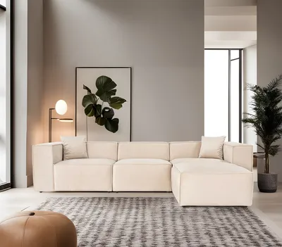 Produktbild von Hanah Home, Lora (L1-O1-1R-POUFFE ) - Cream, Ecksofa, 100 % Hainbuche, Creme, 303 x 193 x 65 cm