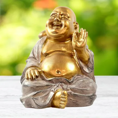 Produktbild von XXL MF Lachende Buddha Figur mit dickem Bauch Skulptur Deko Feng Shui Yoga Meditation in gold / grau Höhe 33cm