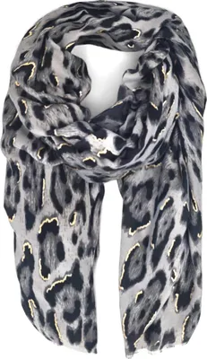 Produktbild von styleBREAKER Damen Schal mit Leoparden Muster und goldenen Metallic Akzenten | weiches langes Tuch mit kurzen Fransen 180 x 88 cm