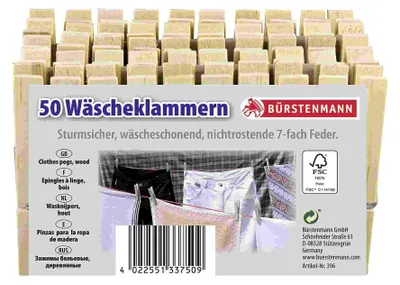 Produktbild von Bürstenmann Wäscheklammer Holz m. nichtrostender Metallfeder 7 cm 50 Stück
