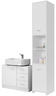 Produktbild von CASARIA® Badmöbel Set 2-tlg Weiß Waschbeckenunterschrank Badezimmerhochschrank Unterschrank mit Schubladen Hochschrank Bad Regal Holz Für Kleine Bäder