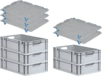 Produktbild von SuperSparSet 5x Eurobox NextGen Grip mit Auflagedeckel inkl. 4 blauen Schiebeschnappverschlüssen | HxBxT 17x40x60cm | 34 Liter | Grau | Griffe offen | Glatter Boden | Eurobehälter, Transportbox, Transportbehälter, Stapelbehälter