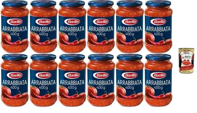 Produktbild von BARILLA Arrabbiata Tomatensauce mit Chili, 400g Gläser, 12er Pack, + Italian Gourmet polpa 400g