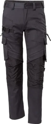 A pair of dark gray cargo work pants shown from the front against a white background.