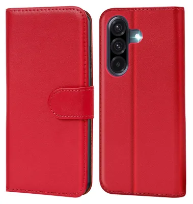 A red book-style phone case is shown from the front and back.
