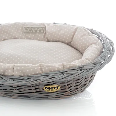 Produktbild von Handbemalter grauer Weidenkorb Wikikorb mit Baumwoll-Hundebett – Beige mit weißen Punkten Polka Dots – Waschbar & Weich – DOTTY