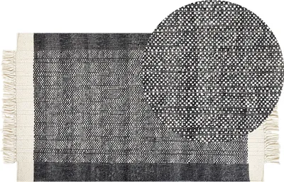 Produktbild von BELIANI Teppich Cremeweiß / Schwarz Wolle 80 x 150 cm Rechteckig Handgewebt Streifenmuster Kurzflor Läufer mit Fransen Boho Wohnzimmer Schlafzimmer