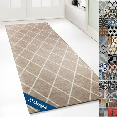 A beige rug with a diamond pattern is laid out on a white floor, with a wall and doorway in the background. A collage of various rug designs is shown on the right side of the image.