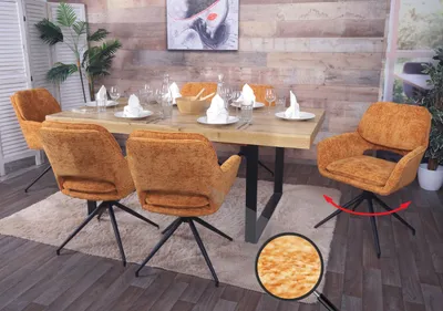 Produktbild von 6er-Set Esszimmerstuhl HWC-N74, Küchenstuhl, drehbar Auto-Return, Stoff Chenille (490g/m²) ocker-gelb