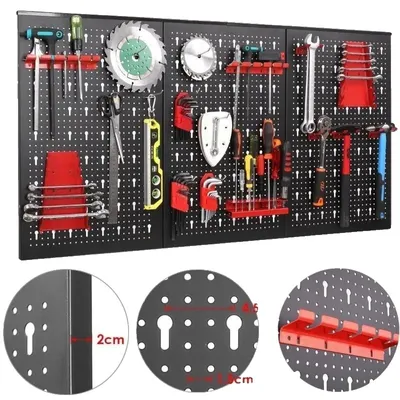 Obrázok produktu pre Kovový nástenný organizér na kolíky, 120x60 cm, vrátane 17-dielnej sady držiakov na náradie, čierno-červený
