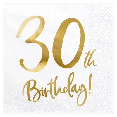 Servietten 30. Geburtstag, Weiß-Gold, 33 cm, 20 Stück
