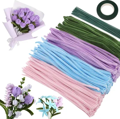Produktbild von Pfeifenputzer zum Basteln 400 Stš¹ck, 4 Farbe Pfeifenreiniger, Pipe Cleaner Flower Set mit Grš¹ne Klebeband und Grš¹ne Blumenst?cke fš¹r Muttertag Valentinstag Jahrestag Basteln und Blumenstrau? DIY