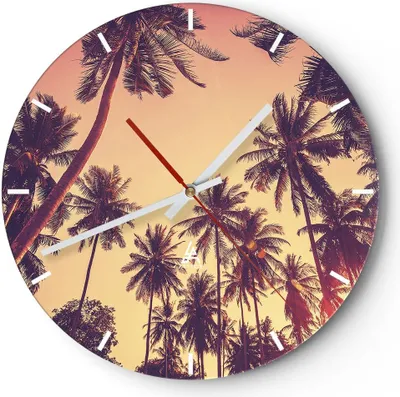 Produktbild von Wanduhr - Rund - Glasuhr - Palmen Himmel Sonne - 30x30cm - Schleichendes Uhrwerk - Lautlos - zum Aufhängen bereit - Dekoration Modern - Wanddekoration aus Glas - C3AR30x30-4220