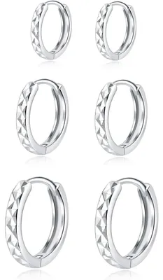 Image de Lot de 3 paires de créoles en argent sterling 925, pour femmes et hommes, disponibles en tailles 10/12/14 mm, sans nickel