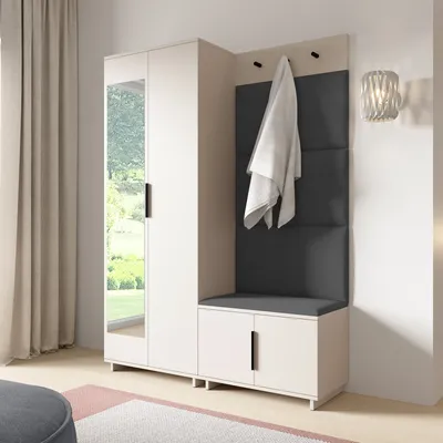 Produktbild von Garderoben-Set Napoli Version 3: Kleiderschrank mit Polsterpaneelen, Schuhschrank Flur und Eingangsbereich  (Cashmere/Trinity 15 Graphite )