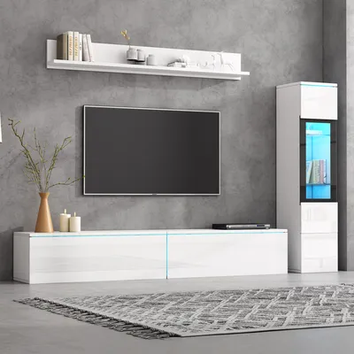 Produktbild von STILVORA Wohnzimmer-Set mit Hängeregal,Lowboard&Vitrine,Möbelset Wohnwand-set grifflos mit LED-Beleuchtung,Wohnzimmerset Hochglanz,Weiß