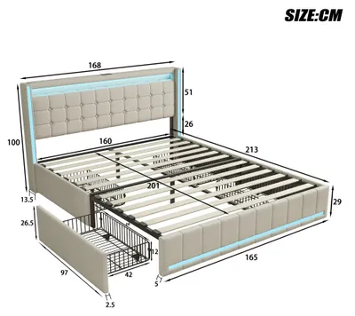 Productafbeelding van Gestoffeerd bed - Tweepersoonsbed - 160 x 200 cm - Met opbergruimte - 4 lades - Lattenbodem - Hoofdeinde - Beige