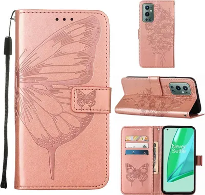 Produktbild von OnePlus 9 Pro Hülle, Schmetterling Prägung Flip Leder Kartenfächer Schutzhülle Ledertasche mit Ständer für OnePlus 9 Pro Roségold