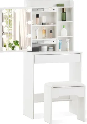 Produktbild von CLIPOP Schminktisch, 60x40x130cm Kosmetiktisch mit Spiegel und Hocker, Inkl. LED-Leuchte