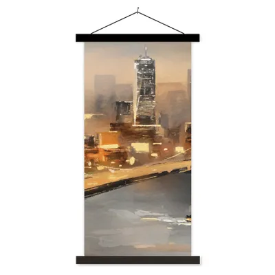 Produktbild von MuchoWow® Textilposter Gemälde - Öl - Skyline - Stadt - Wasser 60x120 cm mit schwarzem Rahmen - Magnete