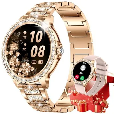 Produktbild von Smartwatch Damen mit Telefonfunktion, 1.32" Armbanduhr mit Diamanten, Fitnessuhr für Android iOS, Menstruationszyklus/Herzfrequenz/Schrittzähler, 500+ Ziffernblätter, 2 Armband, Rosegold