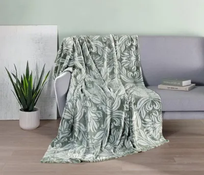 Produktbild von Gözze Jacquard Decke Flora mit eleganter Ornamentik in Hoch-Tief-Optik salbei 150x200 cm